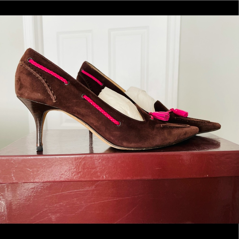 Cole Haan Brown Suede Pink Tassle Pumps - Picture 3 of 9